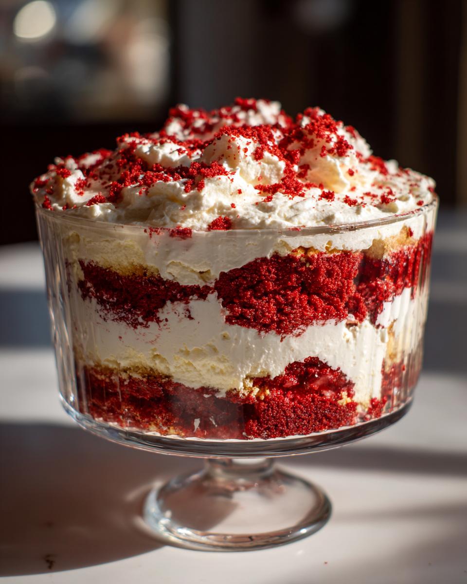 A beautiful layered Irresistible Red Velvet Cheesecake Trifle in a glass bowl, featuring red velvet cake, cream cheese filling, and whipped cream.