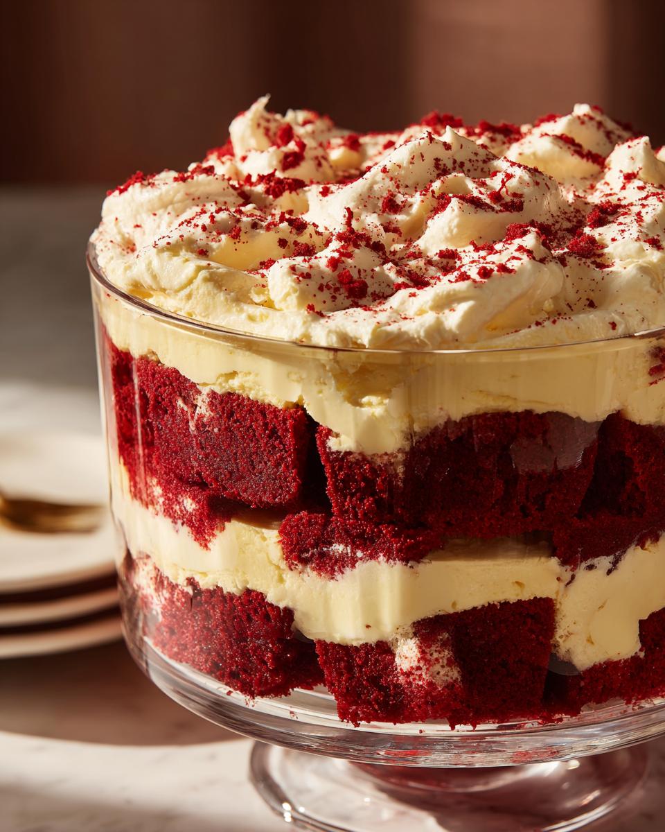 Close-up of an Irresistible Red Velvet Cheesecake Trifle showing layers of red velvet cake and creamy filling topped with whipped cream.