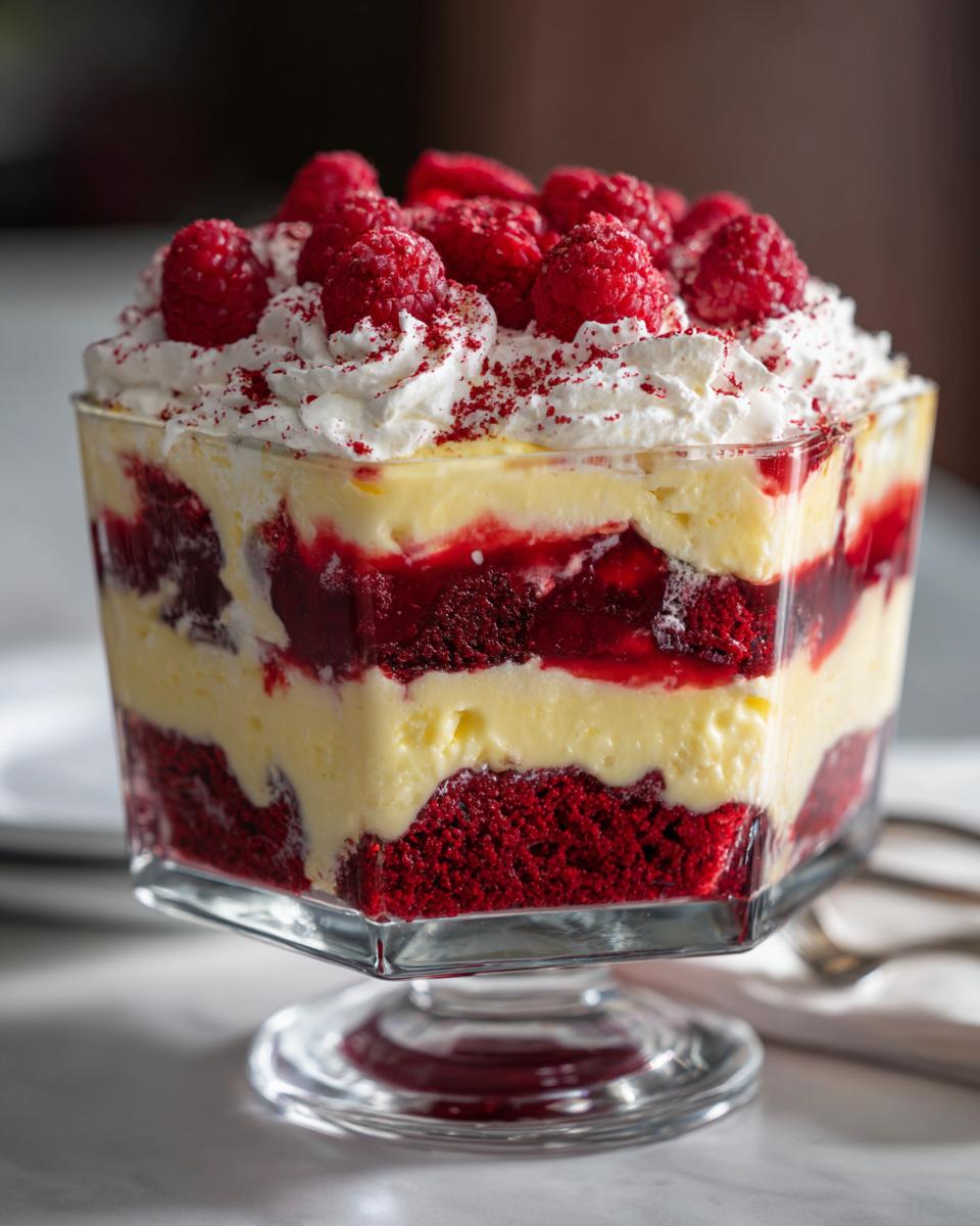 A close-up of an Irresistible Red Velvet Cheesecake Trifle, showcasing layers of red velvet cake, cream cheese filling, and fresh raspberries.