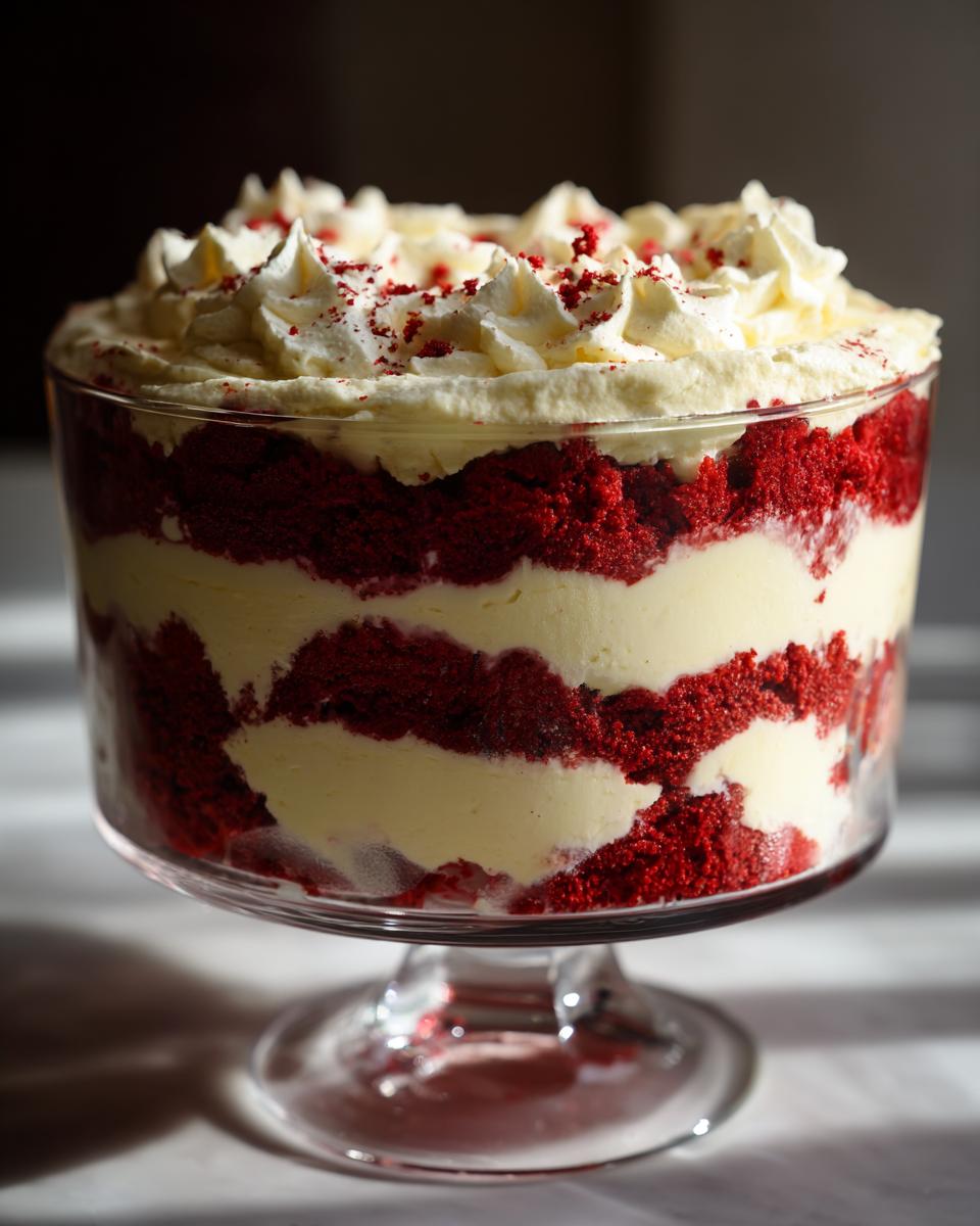 Layers of red velvet cake and cream cheese filling in a trifle dish, topped with whipped cream and red velvet crumbs.
