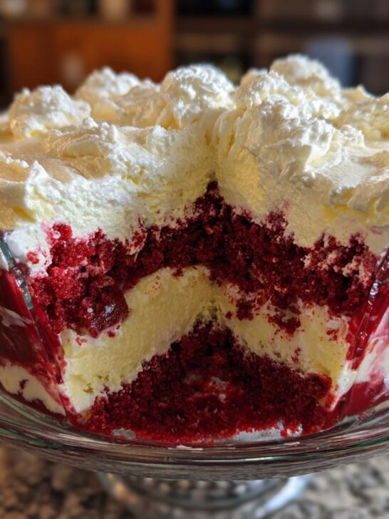 A cross-section of an Irresistible Red Velvet Cheesecake Trifle showing layers of red velvet cake, cream cheese filling, and whipped cream.