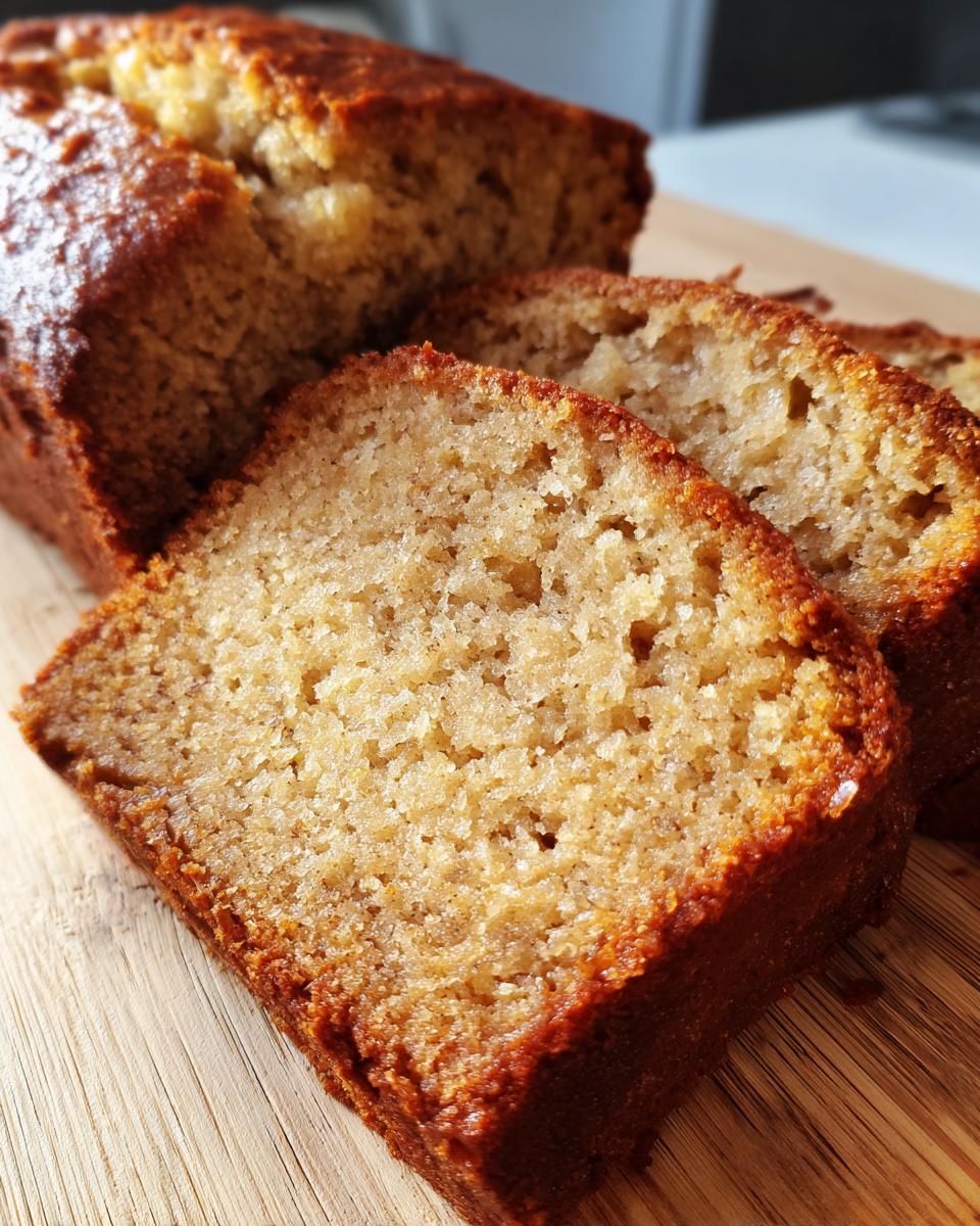 Close-up of sliced Irresistible Sour Cream Banana Bread on a wooden board, showing its moist texture.