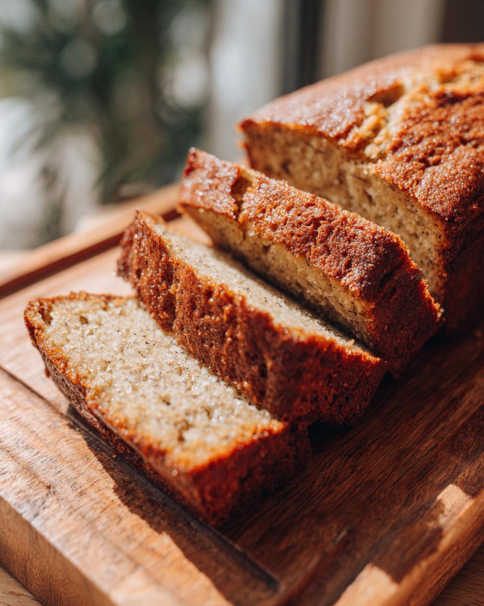 Close-up of sliced Irresistible Sour Cream Banana Bread on a wooden board, showcasing its moist texture and golden-brown crust.