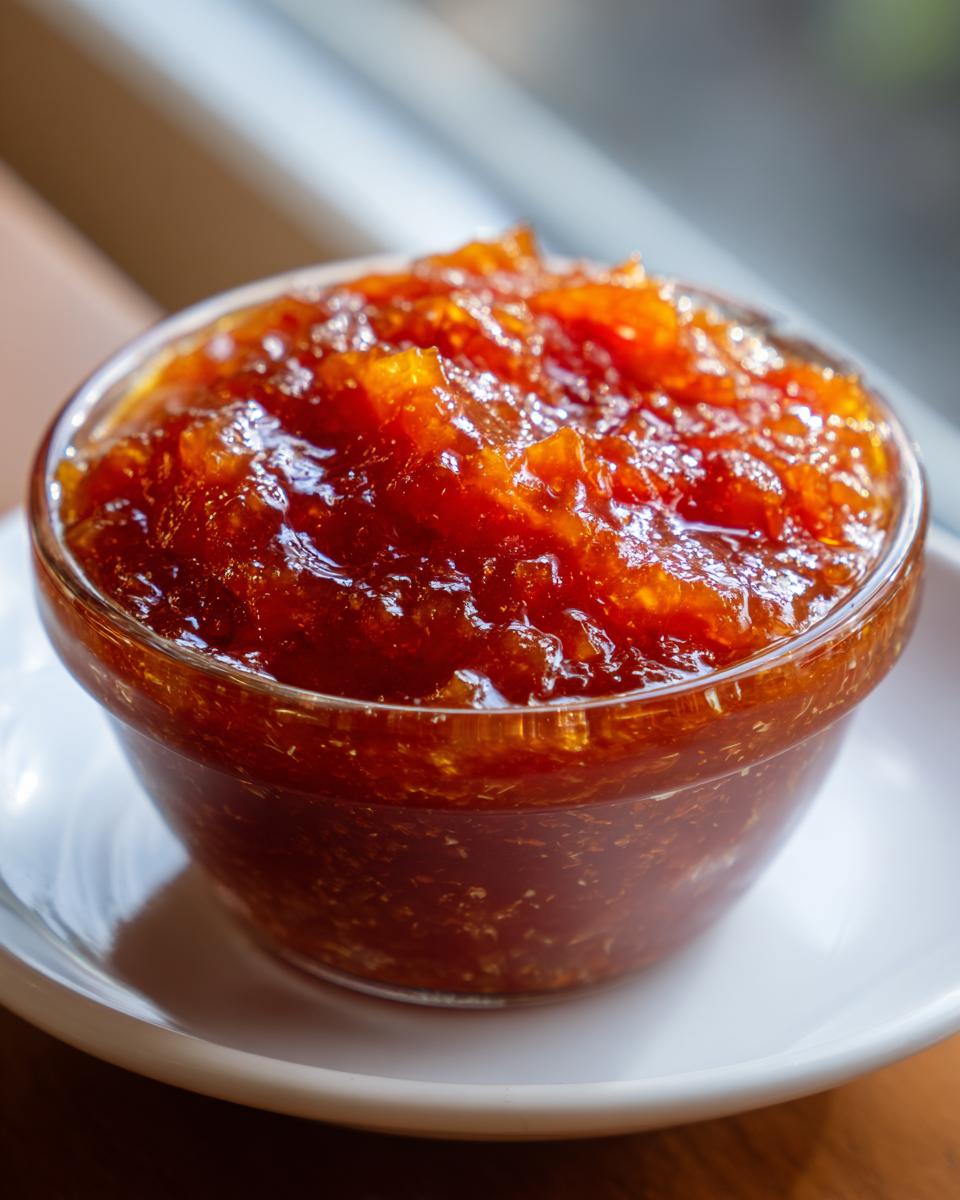 A close-up of a small glass bowl filled with glistening, amber-colored Irresistible Sweet And Sour Sauce.