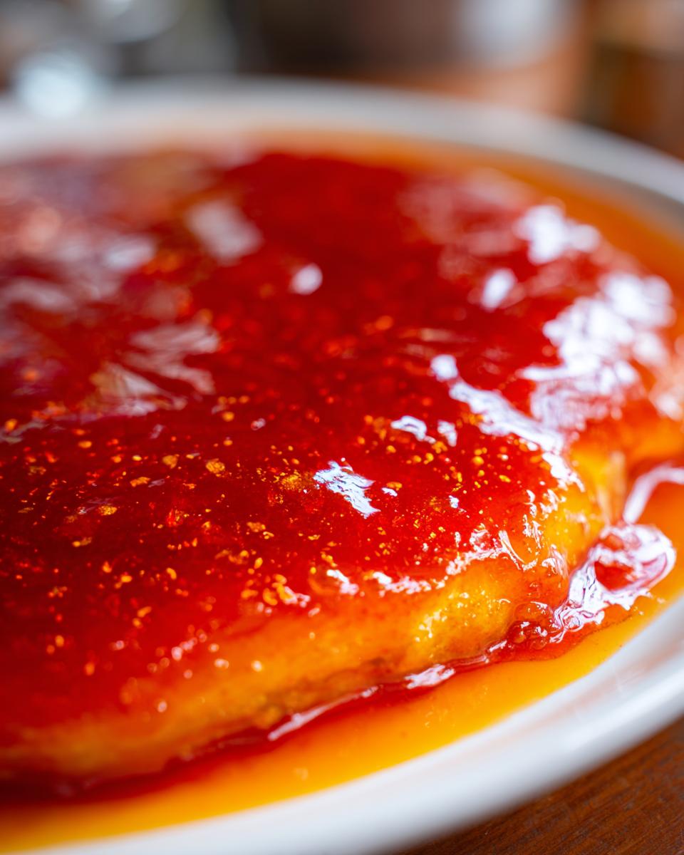 Close-up of a glistening, vibrant red sweet and sour sauce poured over a dish, showcasing its glossy texture.