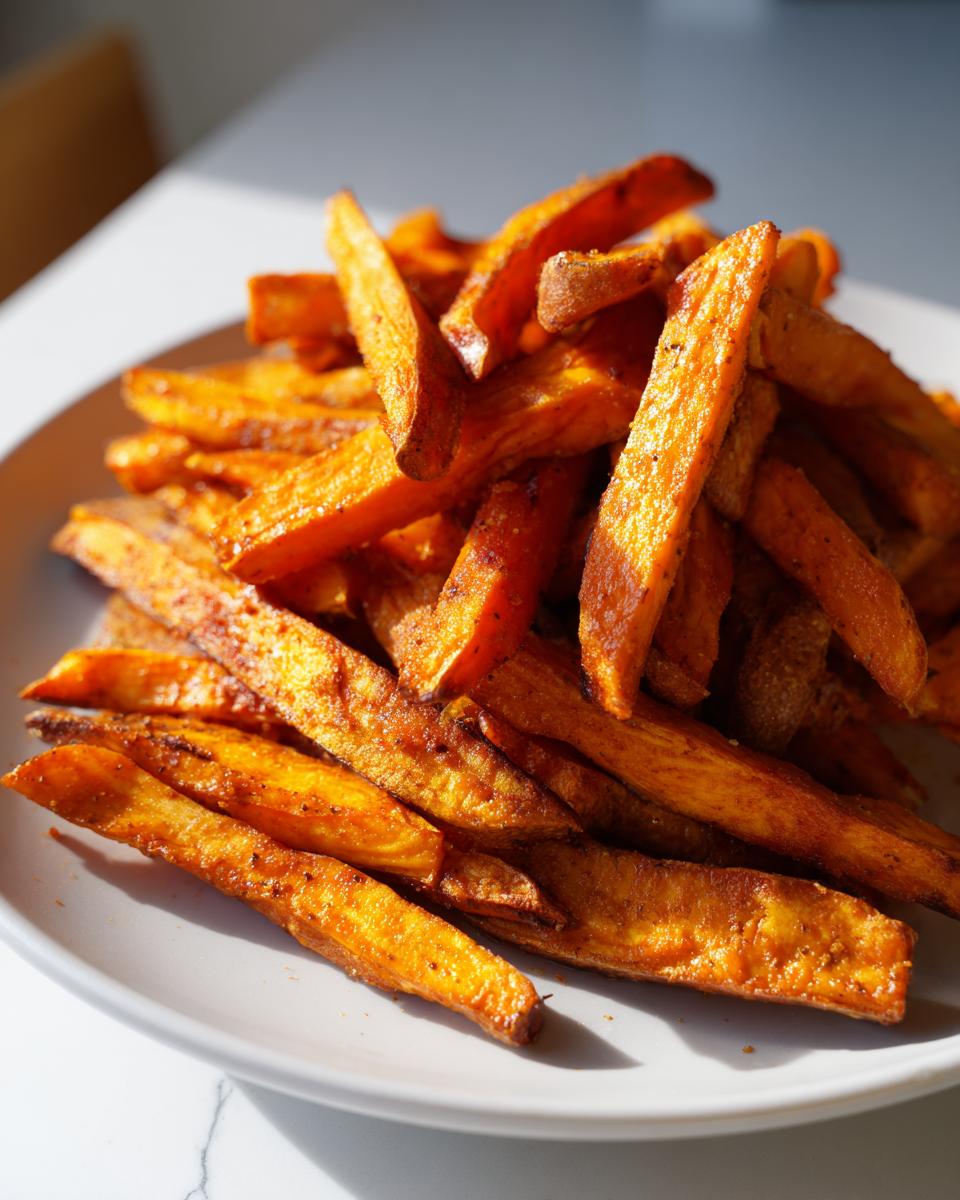 A close-up of a pile of Irresistible Sweet Potato Fries, seasoned and perfectly crispy.