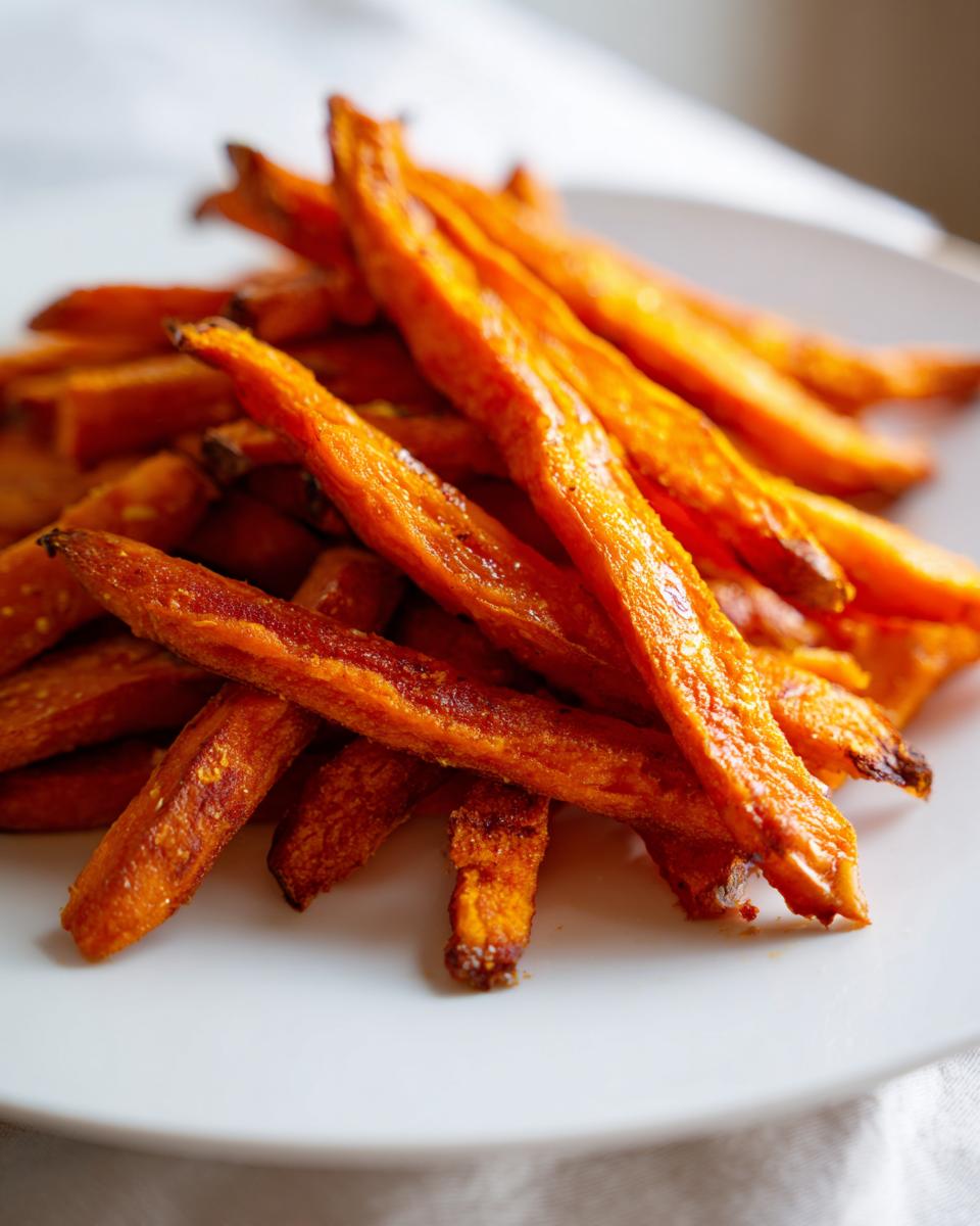 A close-up of a pile of Irresistible Sweet Potato Fries on a white plate.