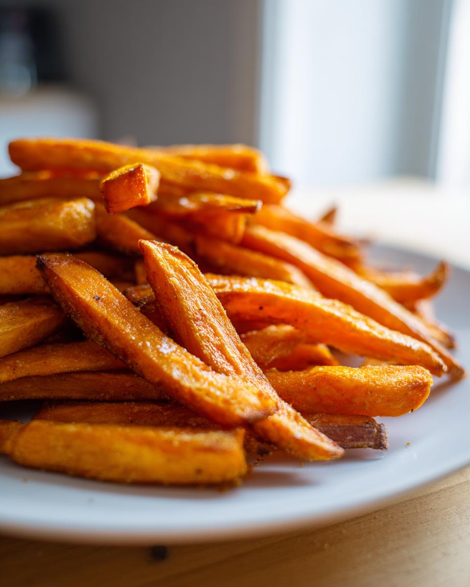 A close-up shot of a pile of Irresistible Sweet Potato Fries, seasoned and perfectly crispy.