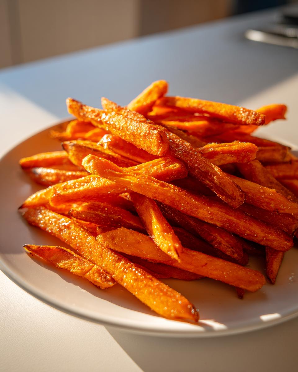 A close-up of a pile of Irresistible Sweet Potato Fries, perfectly seasoned and golden brown.