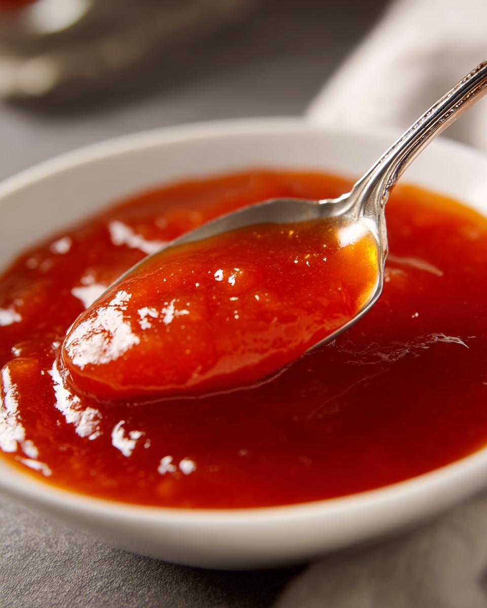 A spoonful of glossy, vibrant Irresistible Sweet And Sour Sauce Recipe being lifted from a white bowl.