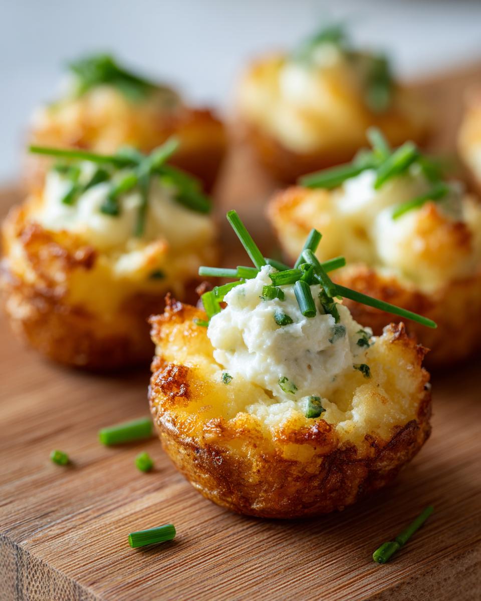 Close-up of Irresistible Twice Baked Potato Bites topped with creamy filling and fresh chives.