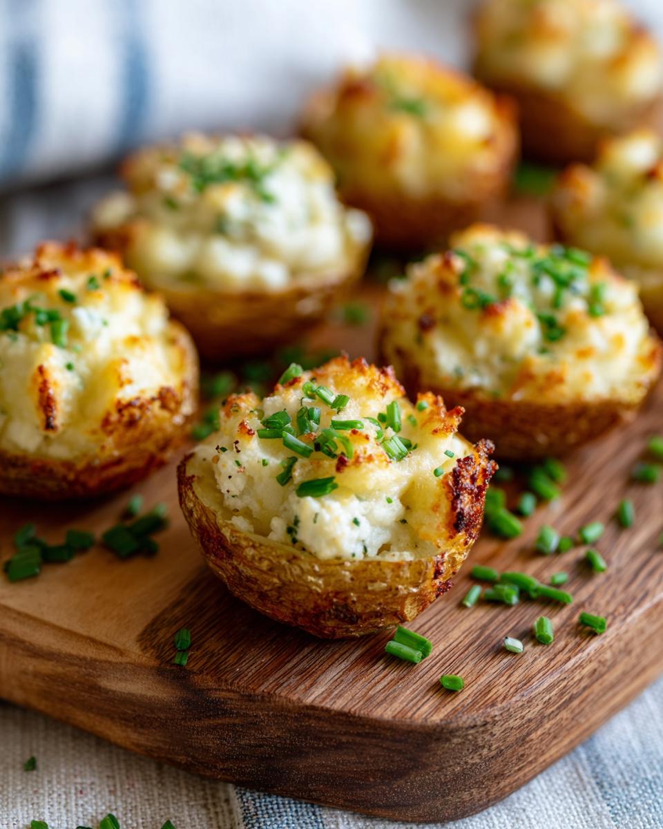 Close-up of irresistible twice baked potato bites filled with creamy potato and topped with chives.