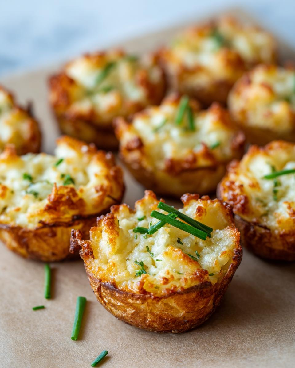 Close-up of Irresistible Twice Baked Potato Bites, golden brown and topped with chives.