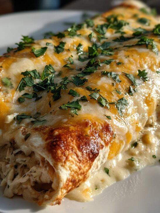 Close-up of irresistible white chicken enchiladas, smothered in melted cheese and topped with fresh parsley.
