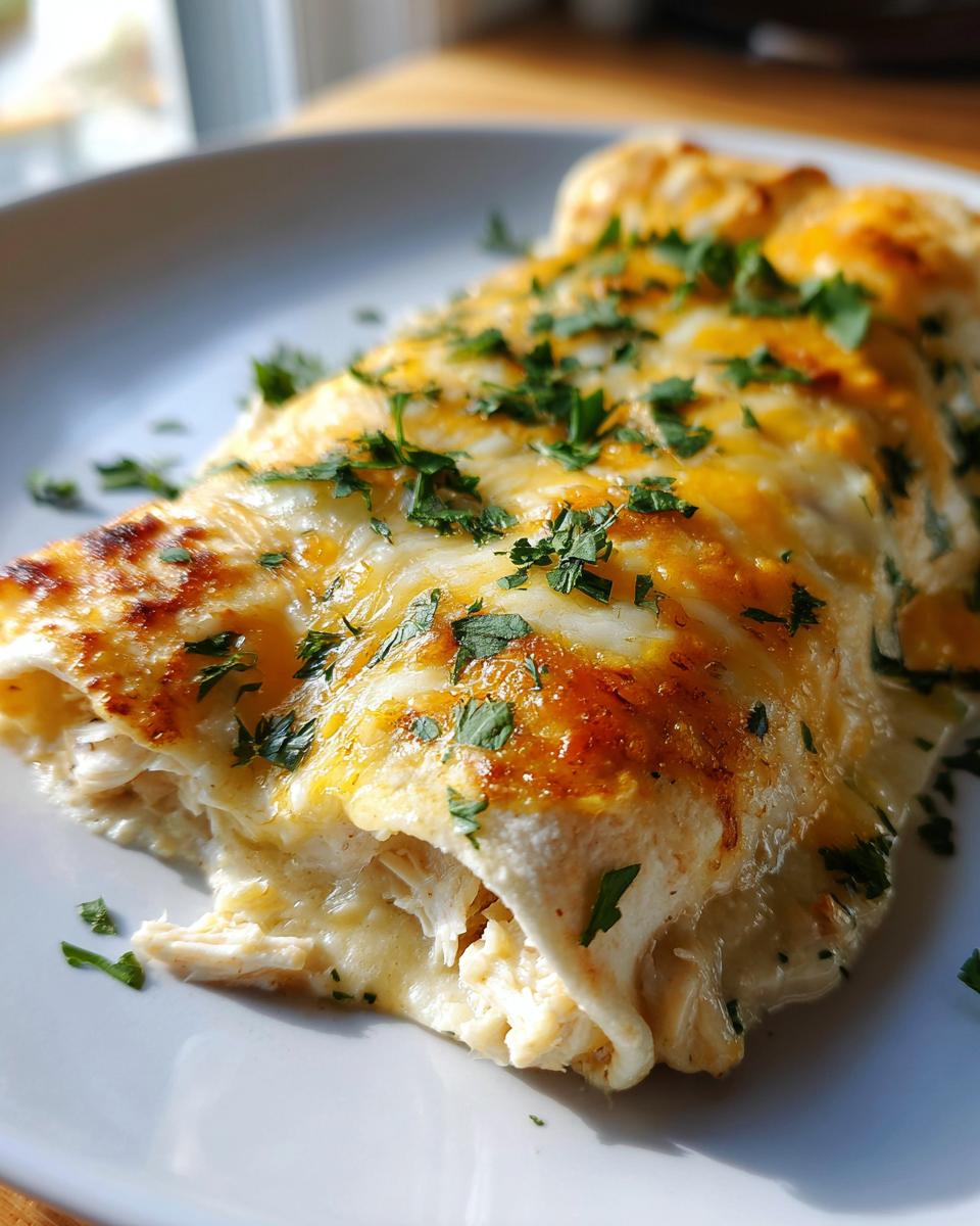 Close-up of Irresistible White Chicken Enchiladas topped with melted cheese and fresh parsley.