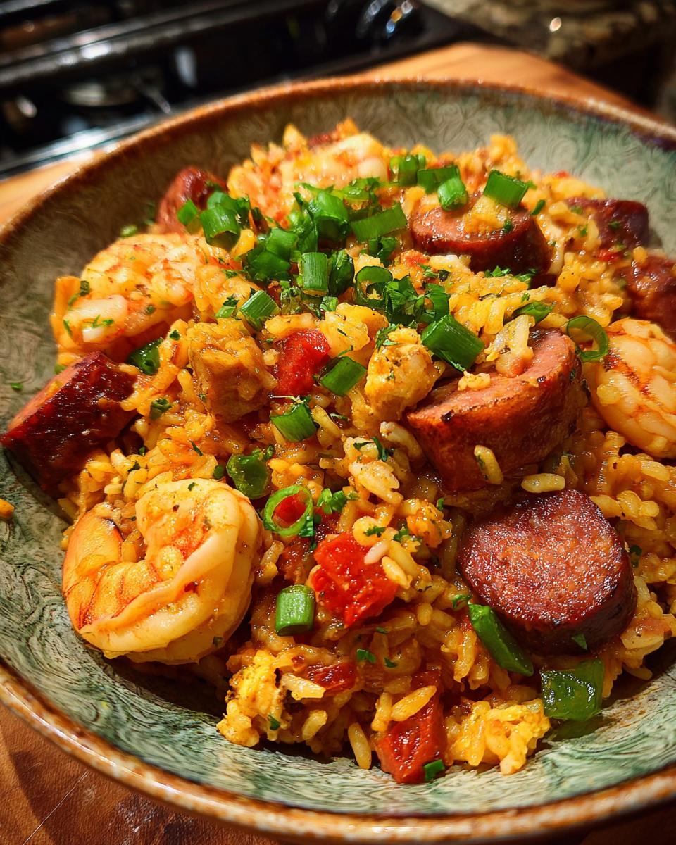A close-up of a bowl filled with a hearty Jambalaya Recipe, featuring shrimp, sausage, and rice, garnished with green onions.