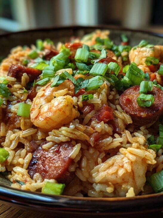 Close-up of a bowl filled with a hearty Jambalaya Recipe, featuring rice, shrimp, sausage, and green onions.