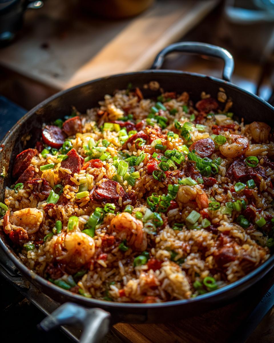 A close-up of a skillet filled with a hearty Jambalaya Recipe, featuring rice, shrimp, sausage, and green onions.