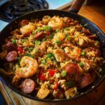 A close-up of a flavorful Jambalaya Recipe cooked in a skillet, loaded with shrimp, sausage, chicken, and rice.