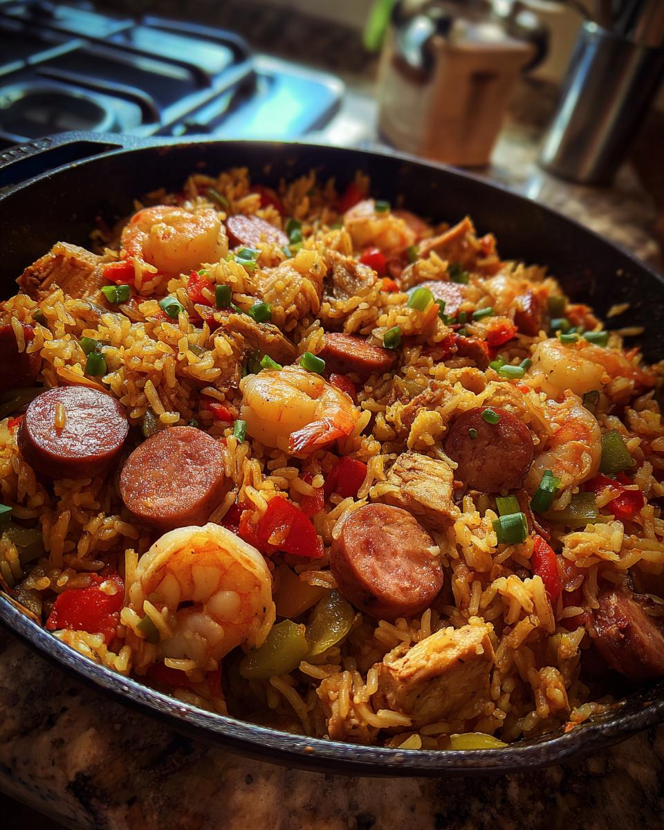 A close-up of a delicious Jambalaya Recipe in a cast-iron skillet, featuring shrimp, sausage, chicken, and rice.