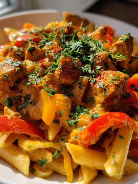 A close-up of Jerk Chicken Rasta Pasta, featuring penne pasta, tender jerk chicken pieces, bell peppers, and a creamy sauce, garnished with fresh parsley.