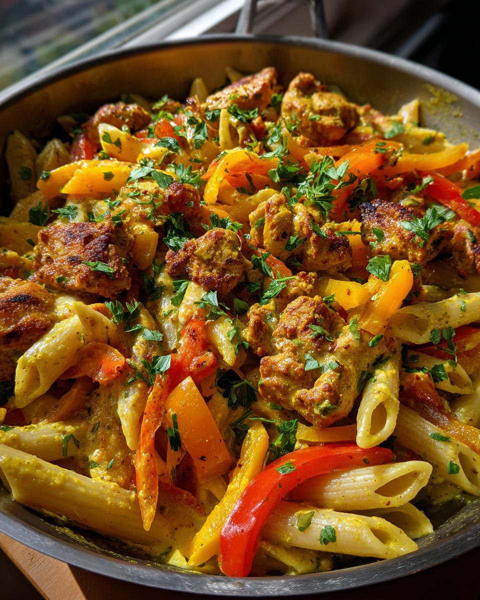 Close-up of Jerk Chicken Rasta Pasta with penne noodles, colorful bell peppers, and a creamy sauce, garnished with parsley.