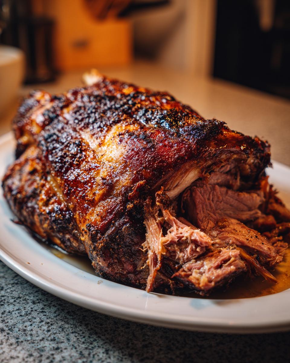 A close-up of a juicy slow roasted lamb shoulder, with tender, shredded meat visible.
