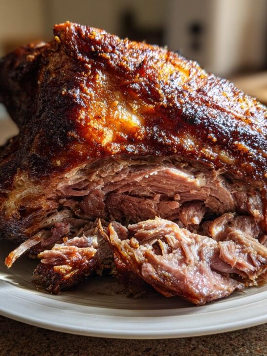 A close-up of a Juicy Slow Roasted Lamb Shoulder on a white plate, showing tender, shredded meat and a crispy, browned exterior.