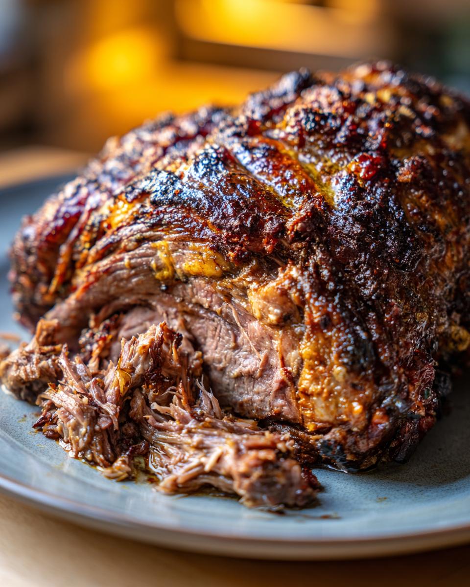 A close-up of a perfectly cooked Juicy Slow Roasted Lamb Shoulder, with tender, shredded meat falling off the bone.