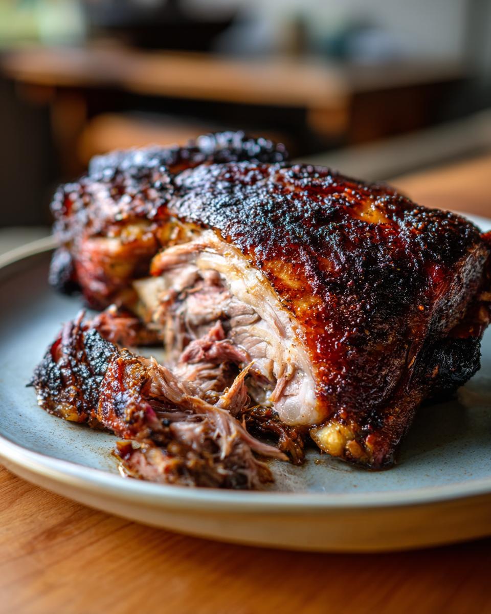A close-up of a Juicy Slow Roasted Lamb Shoulder, with crispy dark brown skin and tender, shredded meat.