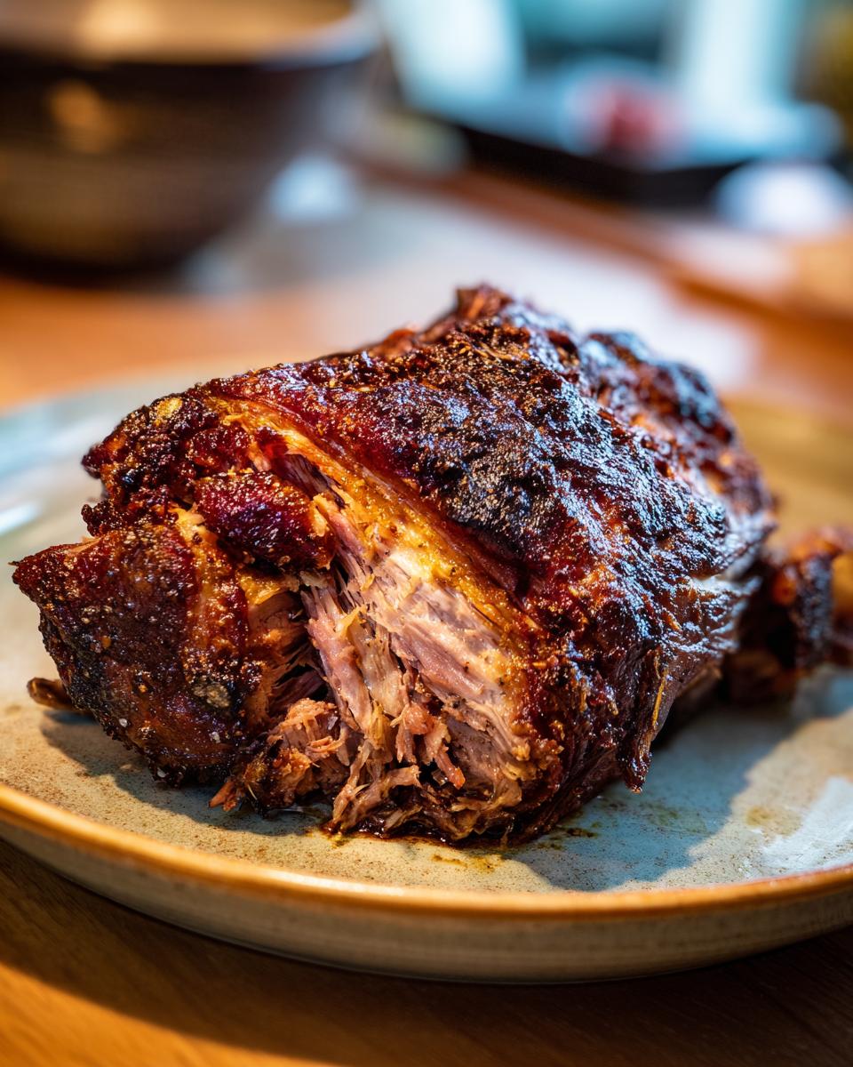 A close-up of a Juicy Slow Roasted Lamb Shoulder, with tender, shredded meat visible.