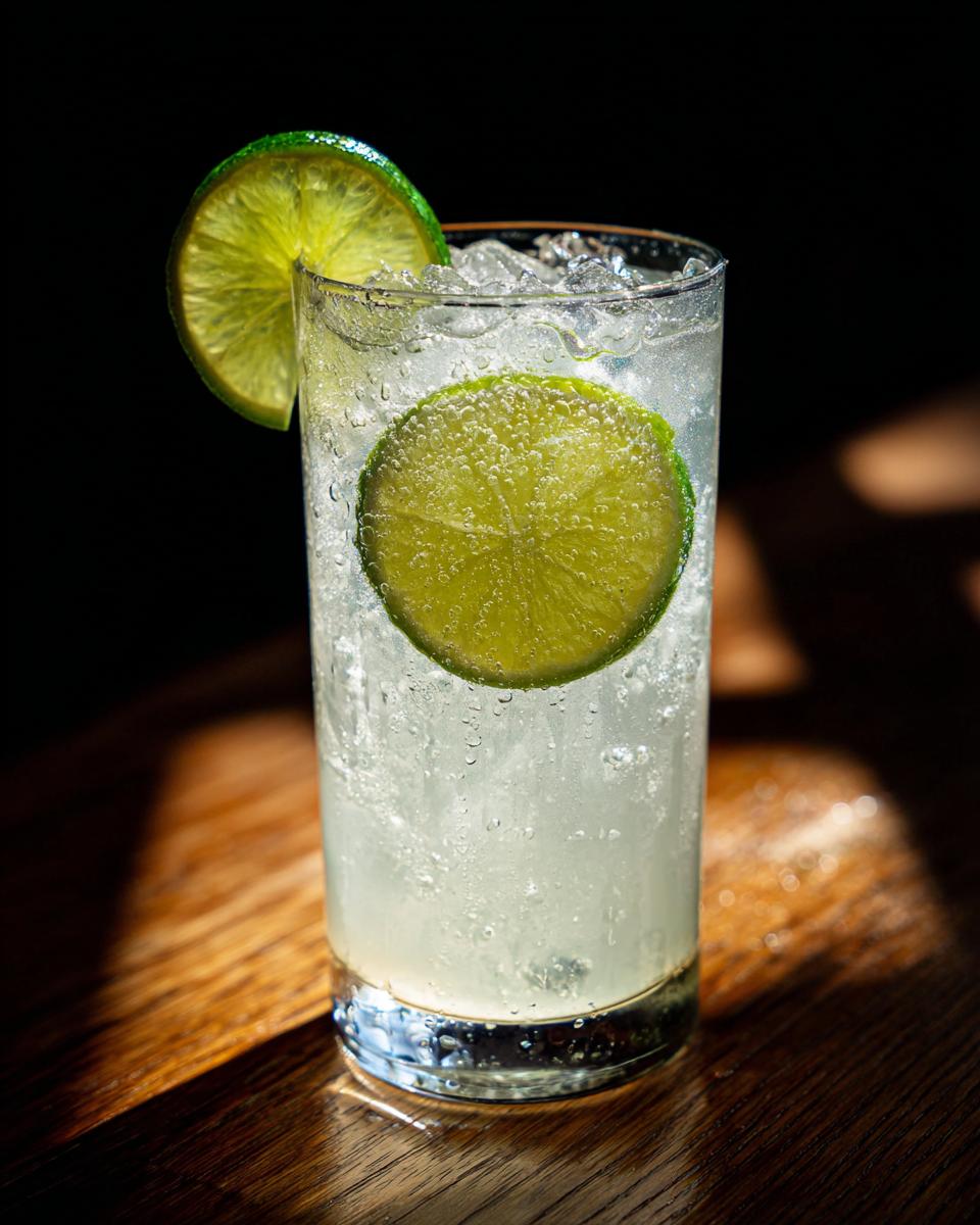 A refreshing Kansas City Ice Water Cocktail in a tall glass, garnished with two lime slices and filled with ice and bubbles.