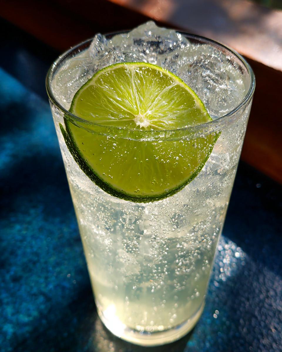 A refreshing Kansas City Ice Water Cocktail in a glass, filled with ice and topped with a lime slice.