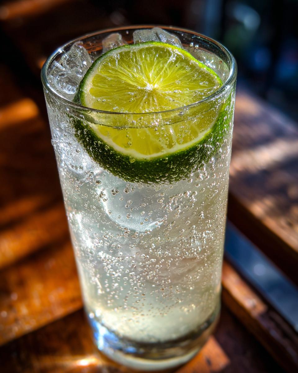 A refreshing Kansas City Ice Water Cocktail in a tall glass, filled with ice and topped with a lime slice.
