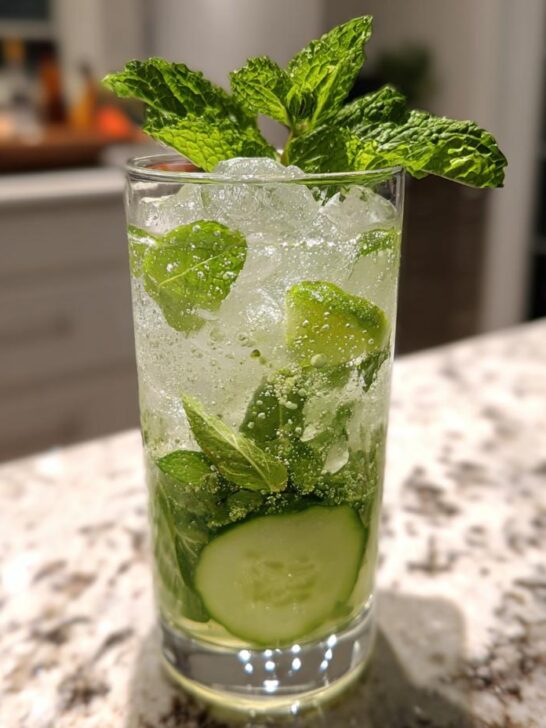 A tall glass filled with ice, mint leaves, cucumber slices, and lime, showcasing a refreshing Kentucky Maid Cocktail.
