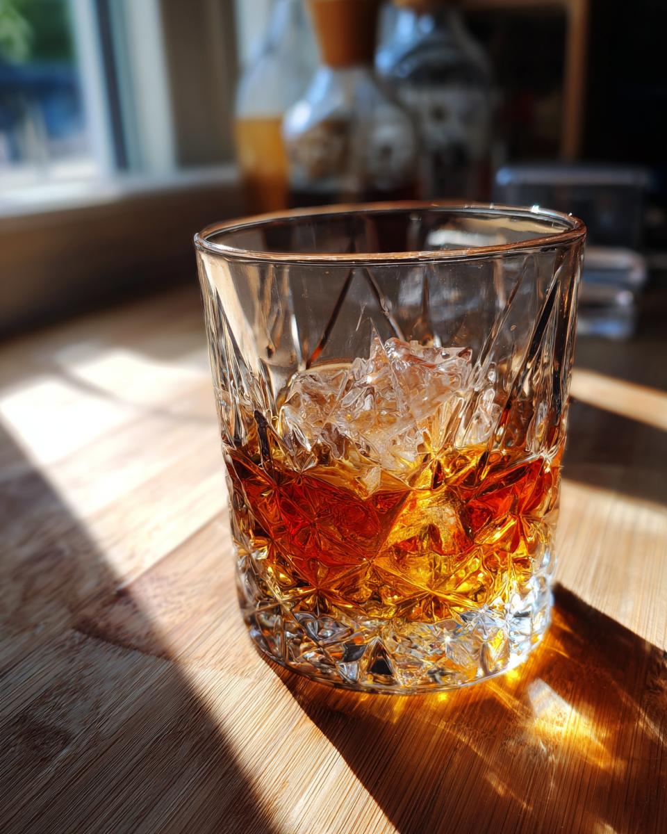 A close-up of a glass filled with Kikori Rice Whiskey and ice, catching the sunlight.