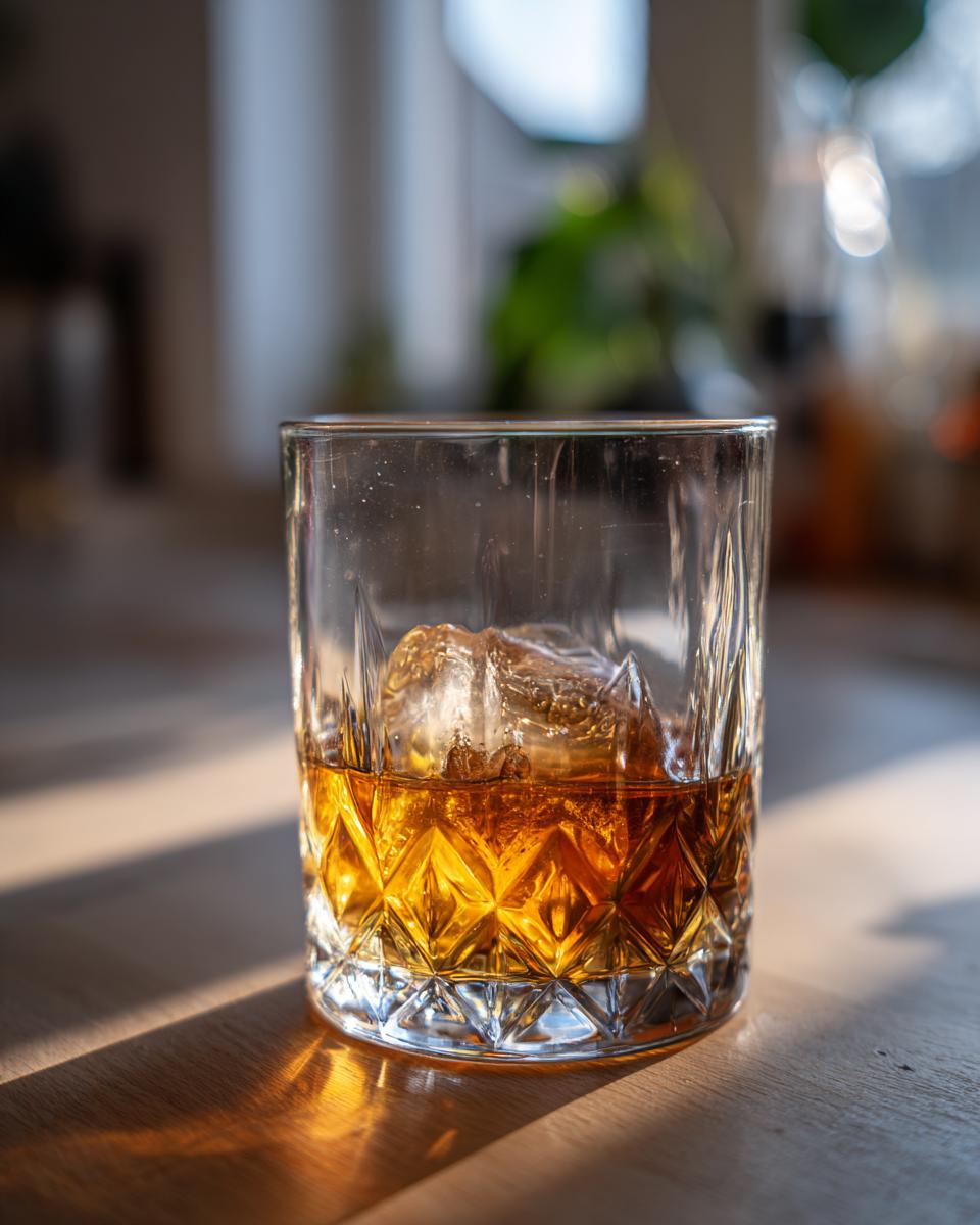 A glass of Kikori Rice Whiskey with a large ice cube, illuminated by sunlight.