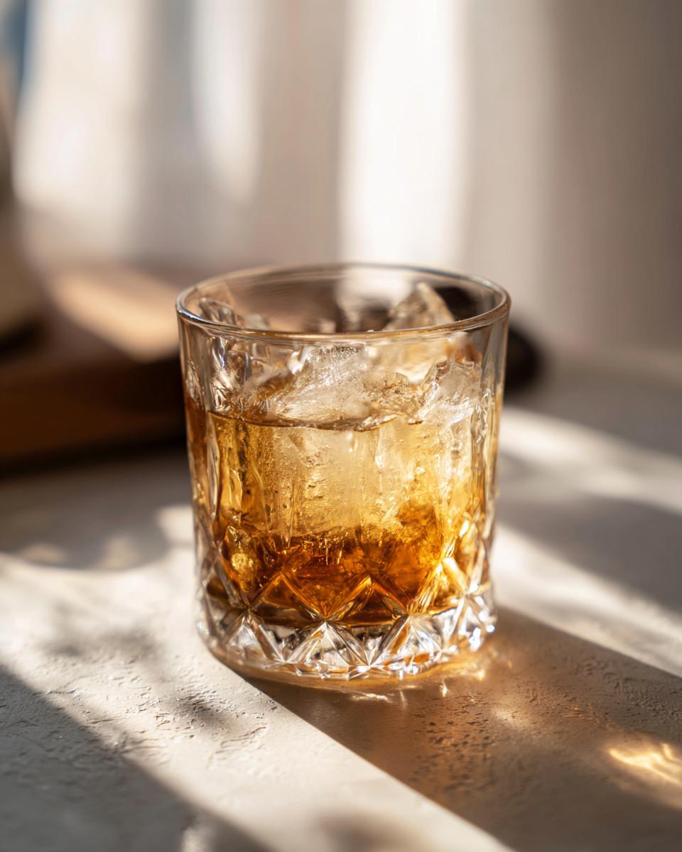 A close-up of a glass filled with Kikori Rice Whiskey and ice, catching the sunlight.