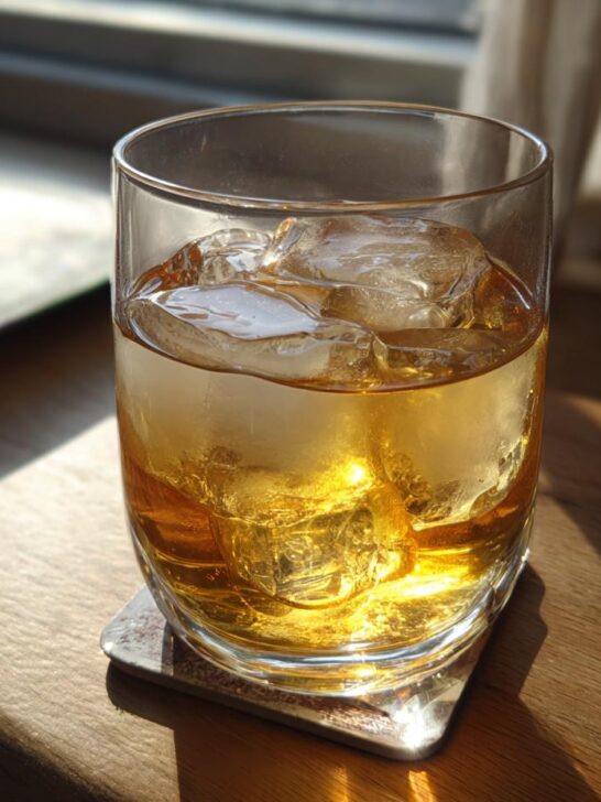 A glass of Kikori Rice Whiskey served on the rocks, catching the sunlight.