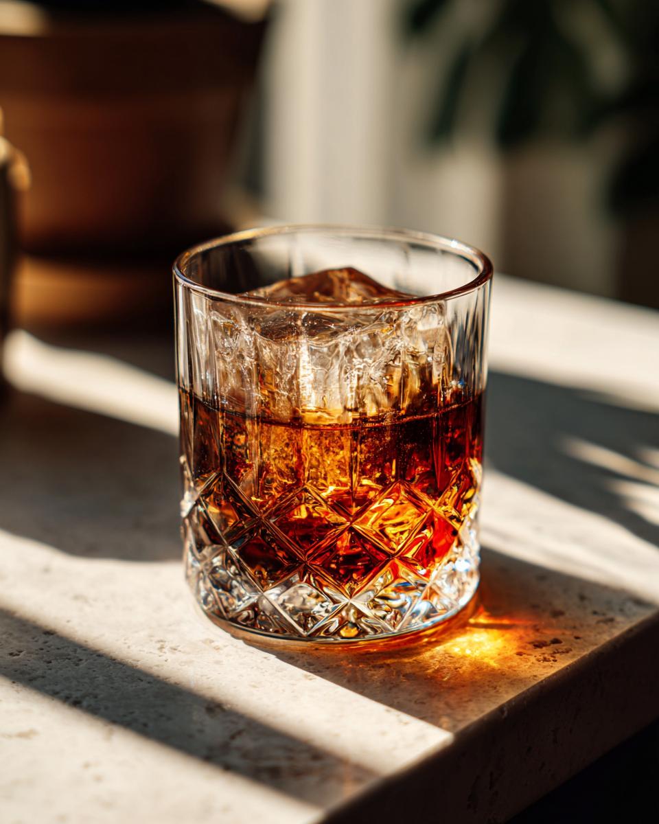 A glass of Kikori Rice Whiskey with ice, bathed in sunlight, ready for a review.