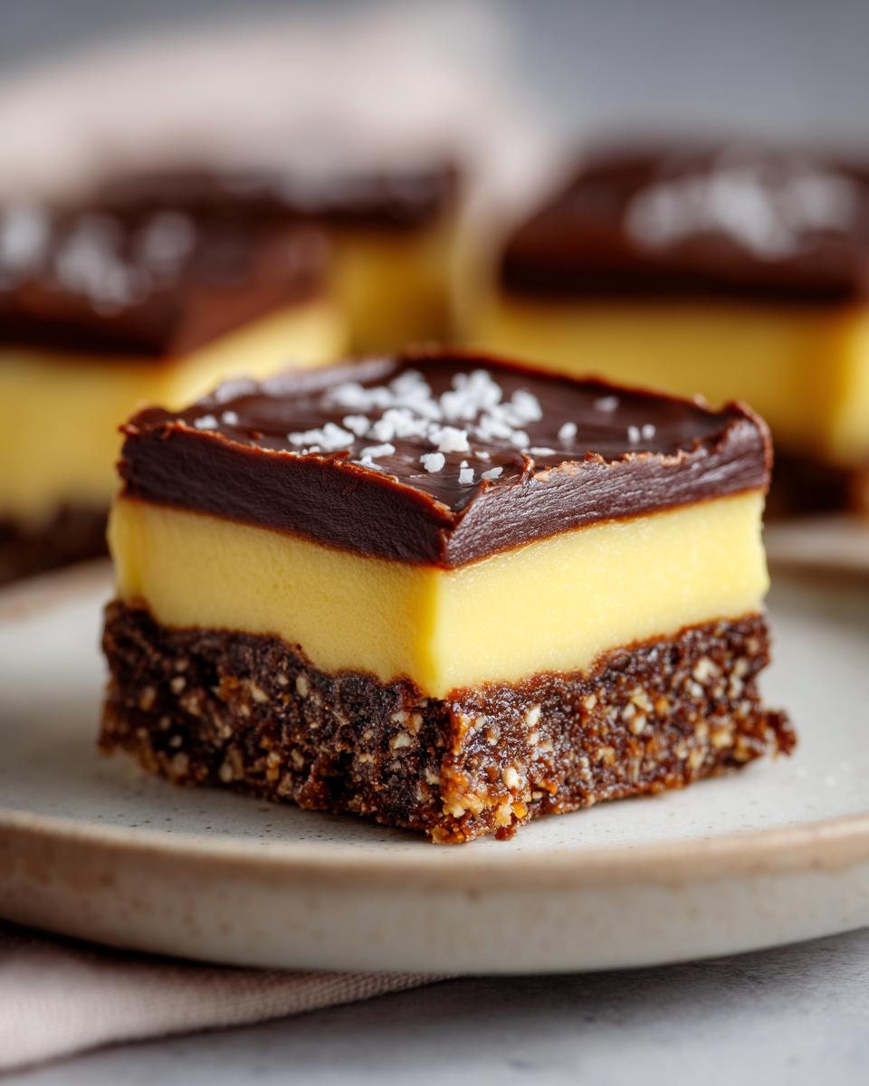 A single, perfectly layered Nanaimo Bar featuring a dark crust, bright yellow custard filling, and chocolate topping sprinkled with sea salt.