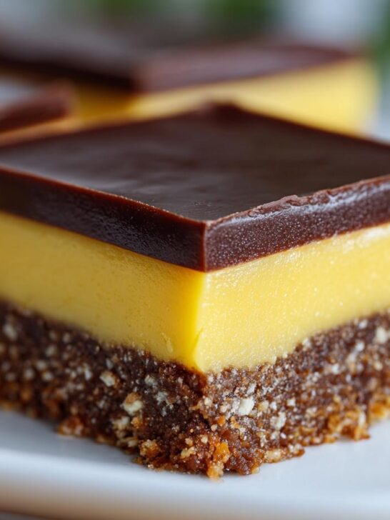 A close-up of a single, perfectly layered Nanaimo Bar showing the crumbly chocolate base, yellow custard filling, and dark chocolate topping.