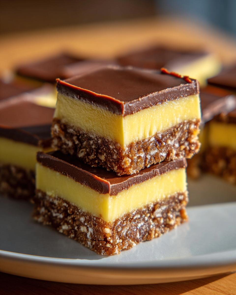 Two perfectly square Nanaimo Bars are stacked, showing the distinct chocolate top, yellow custard middle, and crumbly base.