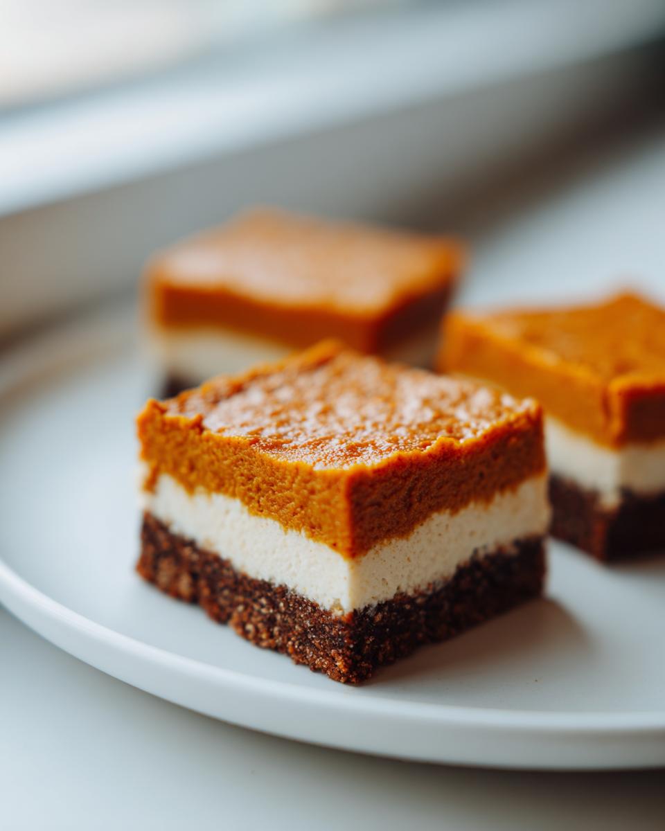 Close-up of a layered Pumpkin Cheesecake Bars square showing a dark crust, white cream layer, and bright orange pumpkin topping.