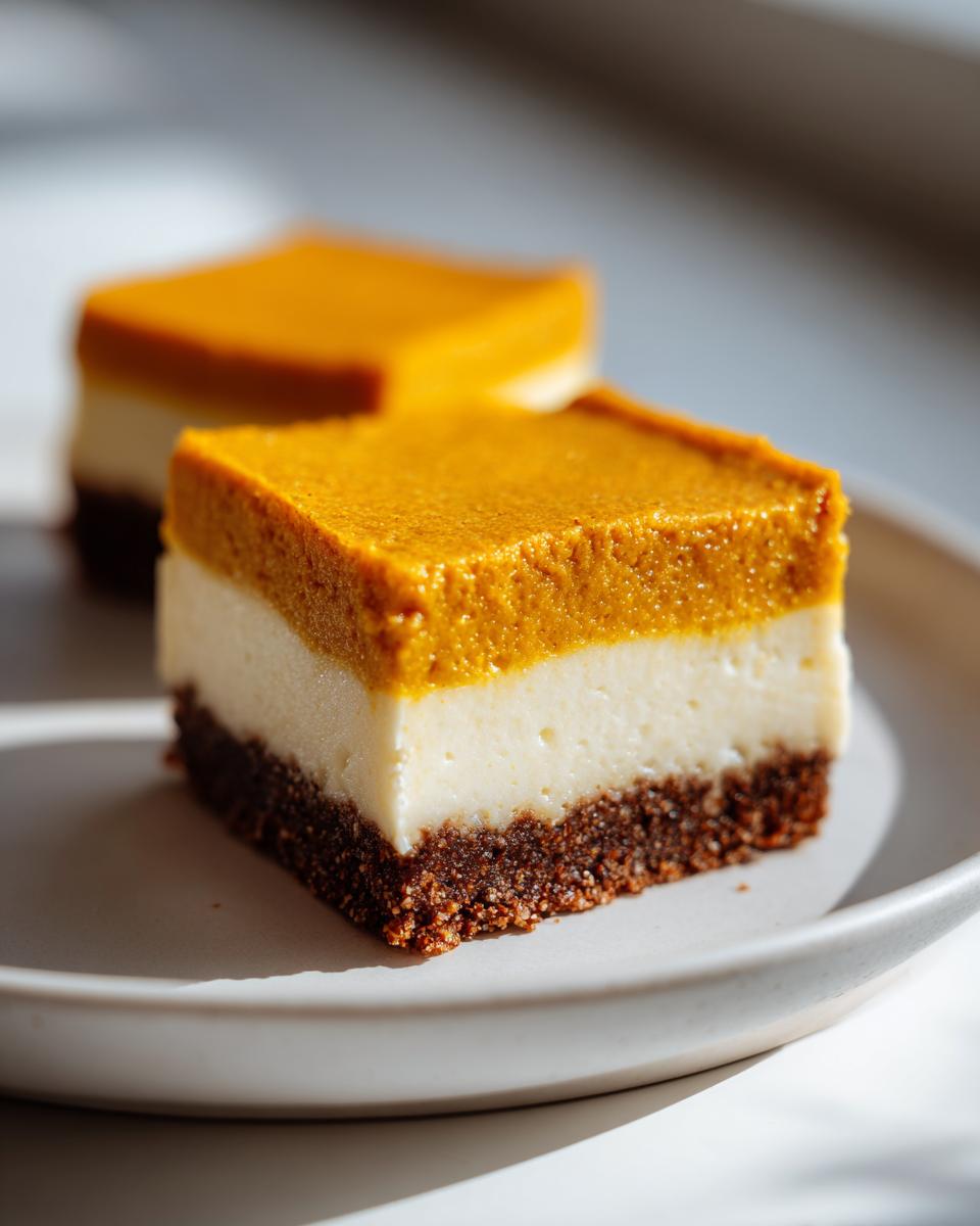 Two layered Pumpkin Cheesecake Bars featuring a dark crust, white cheesecake layer, and bright orange pumpkin topping.