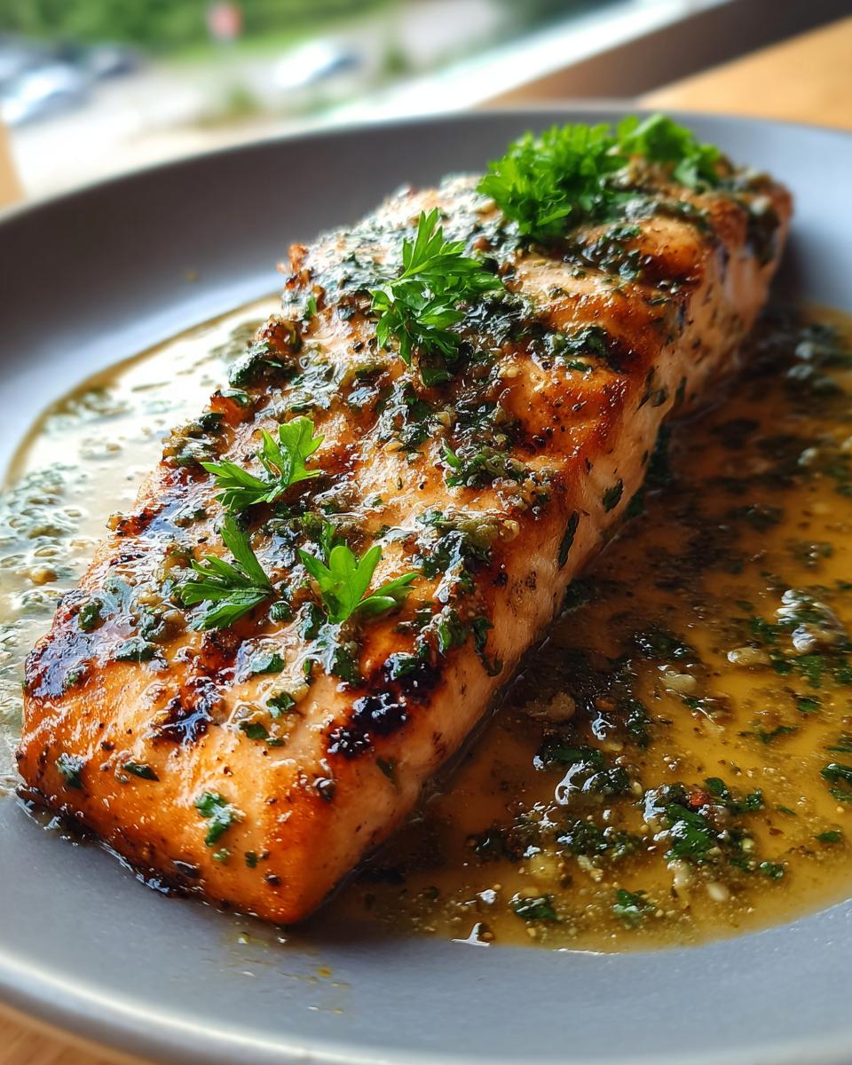 A perfectly grilled salmon fillet with a glistening lemon butter sauce and fresh parsley garnish.