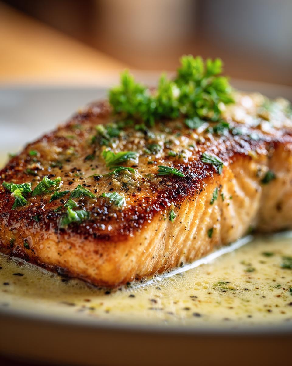 A perfectly cooked fillet of Lemon Butter Grilled Salmon, glistening in sauce and topped with fresh parsley.