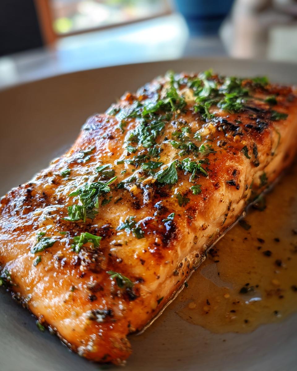 A close-up of a perfectly grilled Lemon Butter Grilled Salmon fillet, glistening with sauce and topped with fresh herbs.