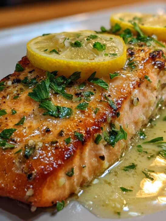 A perfectly cooked Lemon Butter Grilled Salmon fillet, glistening with sauce and topped with lemon slices and fresh parsley.