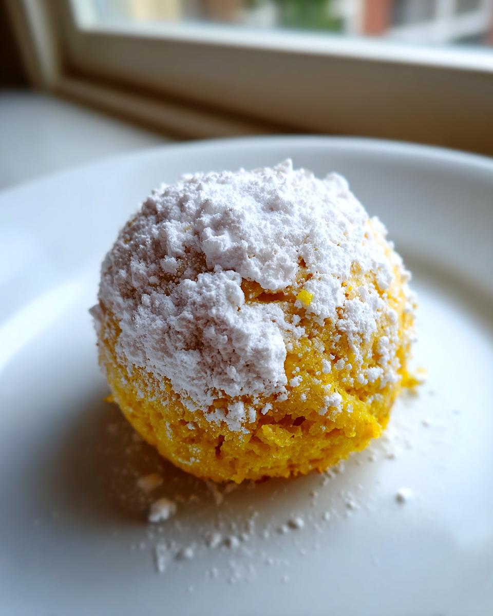 A bright yellow Lemon Cake Mix Cookies ball heavily dusted with white powdered sugar on a white plate.
